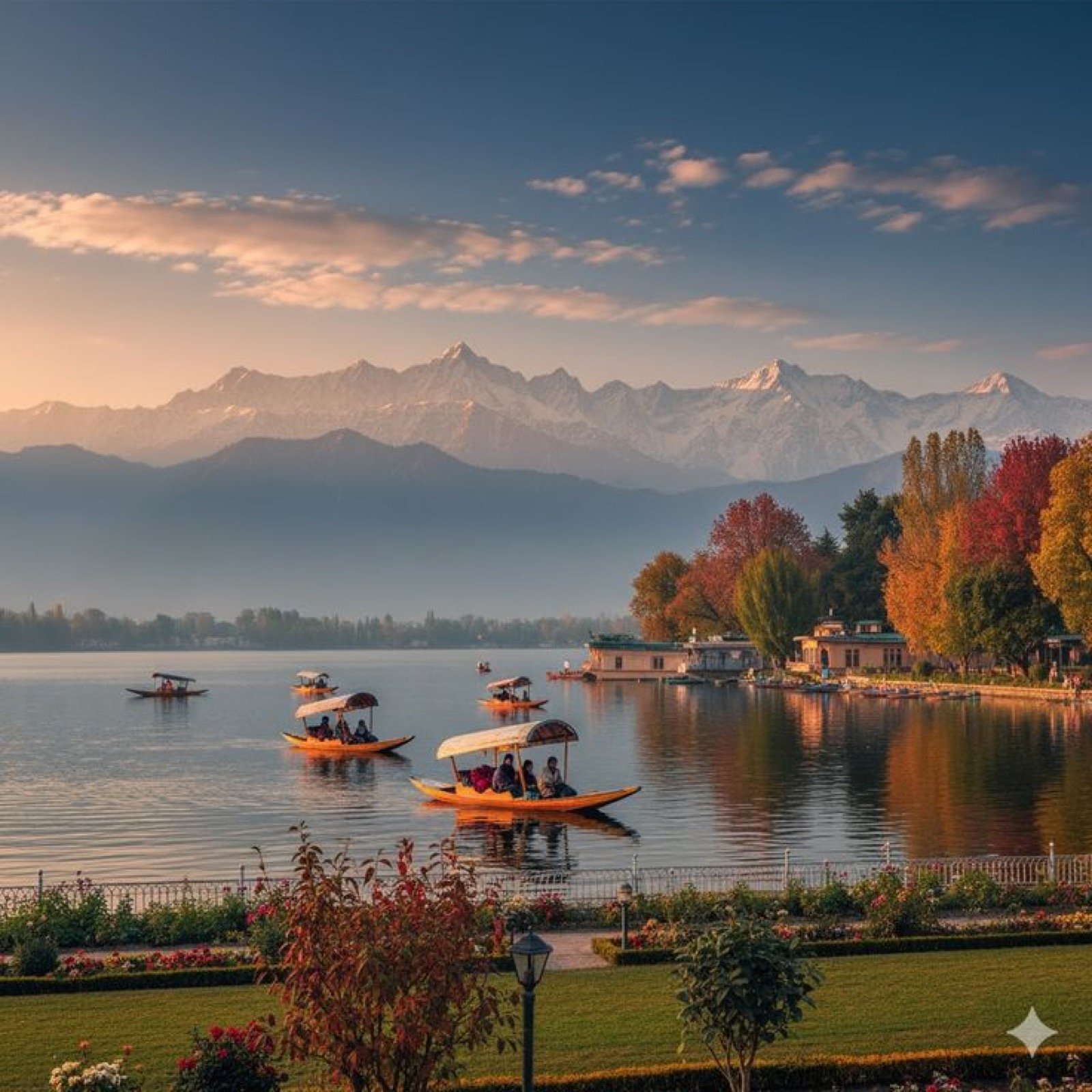 Dal Lake at dawn with snow peaks behind